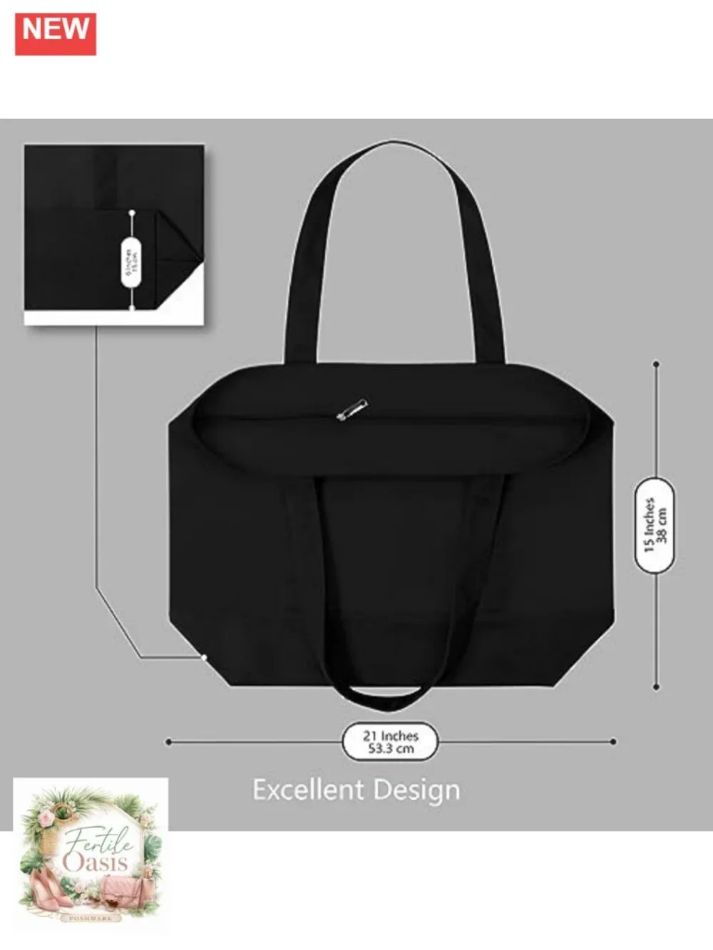 Canvas Tote Bag with Pocket, Top Zipper, Reusable Grocery Shopping Bag